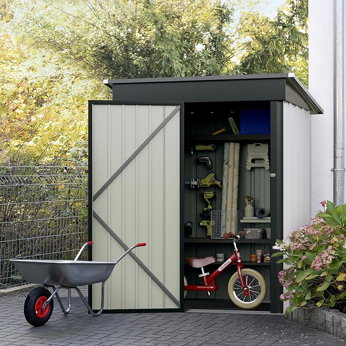 JUMMICO Metal Outdoor Storage Shed 5 x 3 FT Metal Shed with Lockable Door,Waterproof Garden Tool Shed Storage House for Backyard Patio Lawn,White