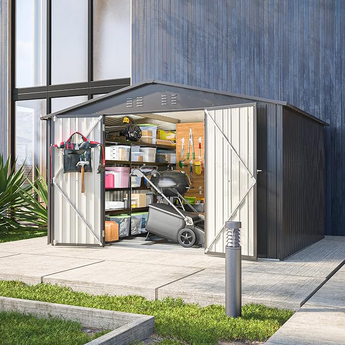 10X8 FT Outdoor Tool Storage Shed with Metal Foundation & Lockable Doors, All Weather Metal Sheds for Garden, Patio, Backyard, Lawn