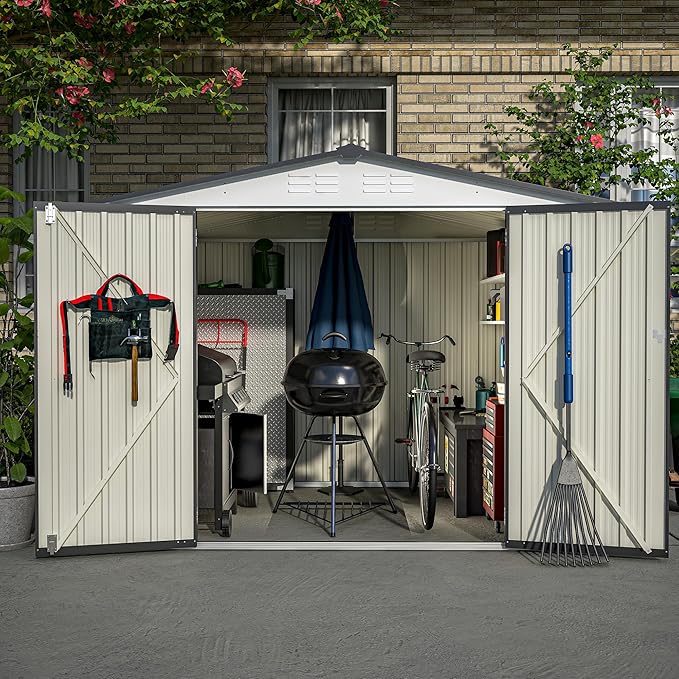 8x6 FT Outdoor Metal Storage Shed with Lockable Door & Floor Frame, Heavy-Duty Garden Tool Shed, Weatherproof Steel Utility Shed for Backyard, Patio, or Lawn Organization