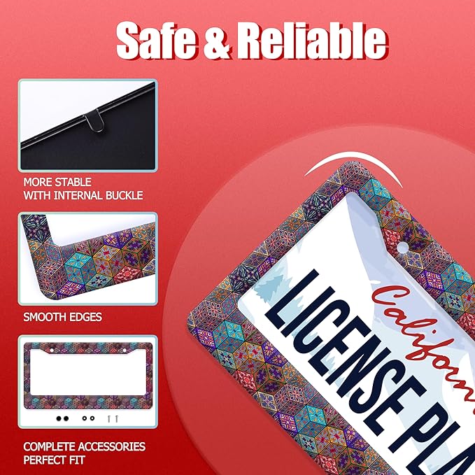 Mexican Tiles License Plate Frame Three-Dimensional Tiles License Plate Frames Stainless Steel Accessories Cars Decor with 2 Holes and Screws Fits Standard US CA Vehicles Size 12.2 x 6 Inches