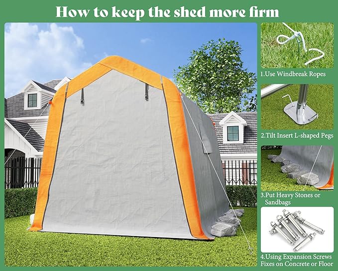 AMERLIFE 6x8x6.6 FT Heavy Duty Portable Shed Storage Shelter, Outdoor Storage Shed with 2 Waterproof Windows & Roll-Up Zipper Door, Carport for Motorcycle, Bike, Grey