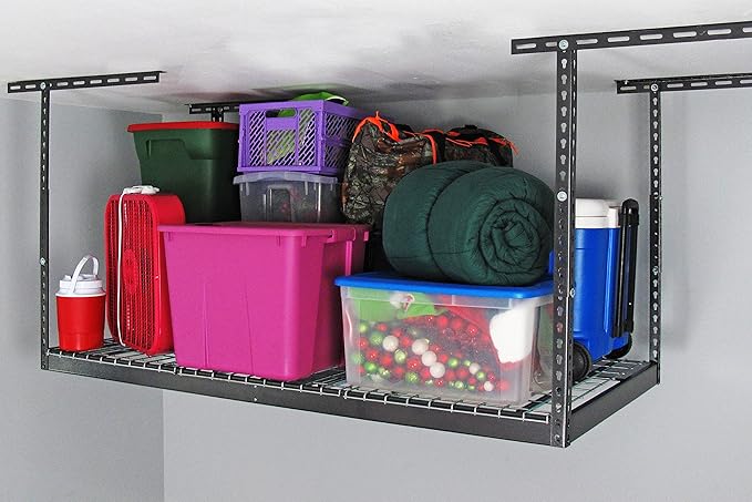 MonsterRax Overhead Garage Storage Rack - Heavy Duty Racks for Garage with 400 lb Capacity, Easy Garage Shelving, Adjustable Storage Rack, Ceiling Mount Storage Shelves 3x6 Hammertone (12"-21")