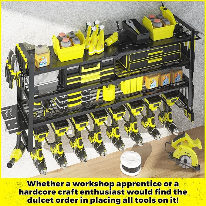 KAFAHOM Power Tool Organizer-8 Drill Holder Wall Mount，Tool Organizer and Storage rack for Garage Organization， Heavy Duty Metal Tool Shelf with Air tool/Screwdriver/Hammer/Plier Holder