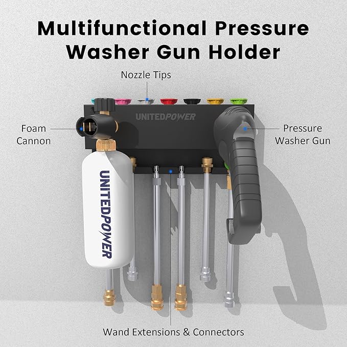 UNITEDPOWER Pressure Washer Gun Holder，Wall Mount Foam Cannon Holder，Tool Storage Rack for Pressure Washer Wand/Nozzle Tips, Car Wash Accessories Organizer, Black