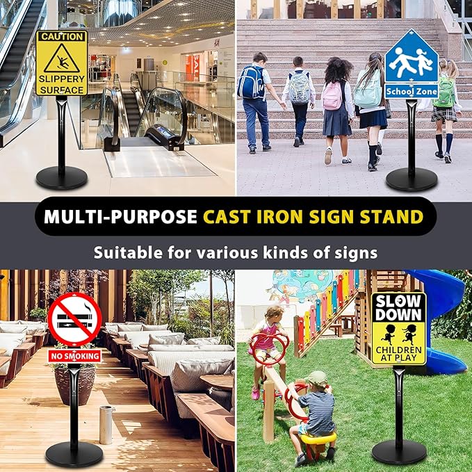 Parking Sign Post with Base - 20 Lbs Heavy Duty Parking Sign Stand for Hanging Traffic Construction Street Warning Notice, Movable Black Cast Iron Base Stand for Outdoor Use, 1 Pack