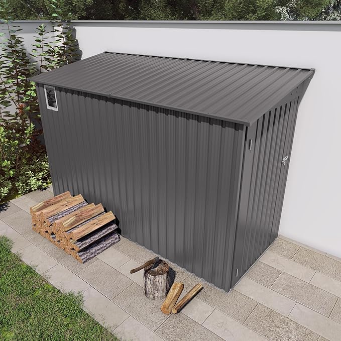 Lean to Storage Shed 4 x 9 FT Outdoor Metal Wall Storage Shed & Garden Storage Cabinet, Tool Shed with Sloping Roof, 2 Vents & Side Open Door for Backyard, Patio, Garage & Lawn, Gray