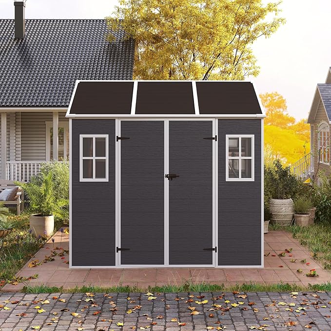 8x7 FT Outdoor Storage Resin Shed with Floor,Waterproof Plastic Garden Bike Shed with Lockable Door, Sloped Roof, Vents & Windows, Easy Assembly Tool Shed for Lawn, Backyard, Patio, Black