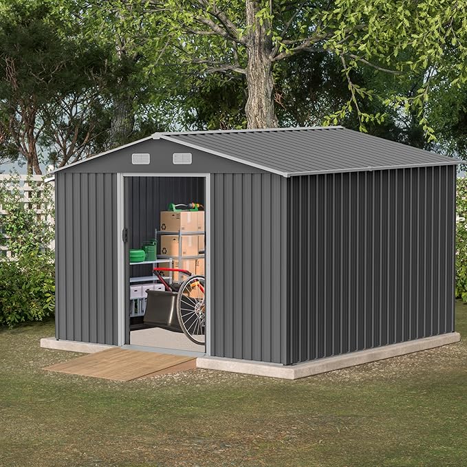 10X8 FT Outdoor Tool Storage Shed with Metal Foundation & Lockable Doors, All Weather Metal Sheds for Garden, Patio, Backyard, Lawn