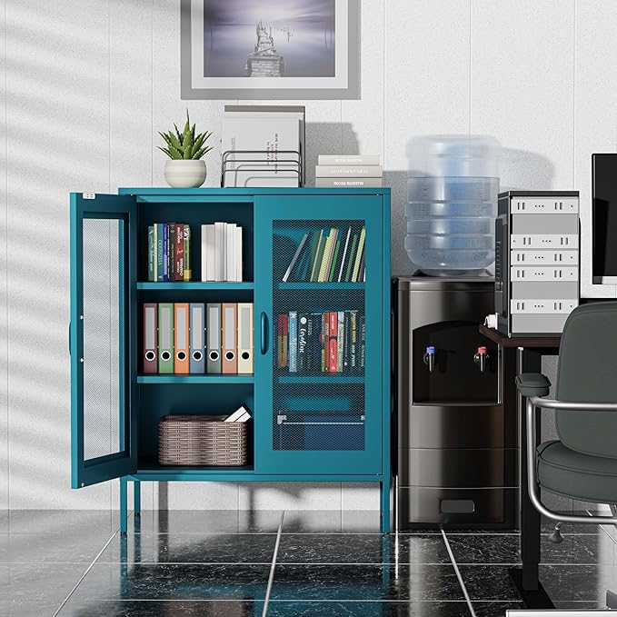 Metal Storage Cabinet with Mesh Doors,Steel Display Cabinet with Adjustable Shelves,Metal Office Storage Locker for Home Office,Garage(Blue, 40''H)