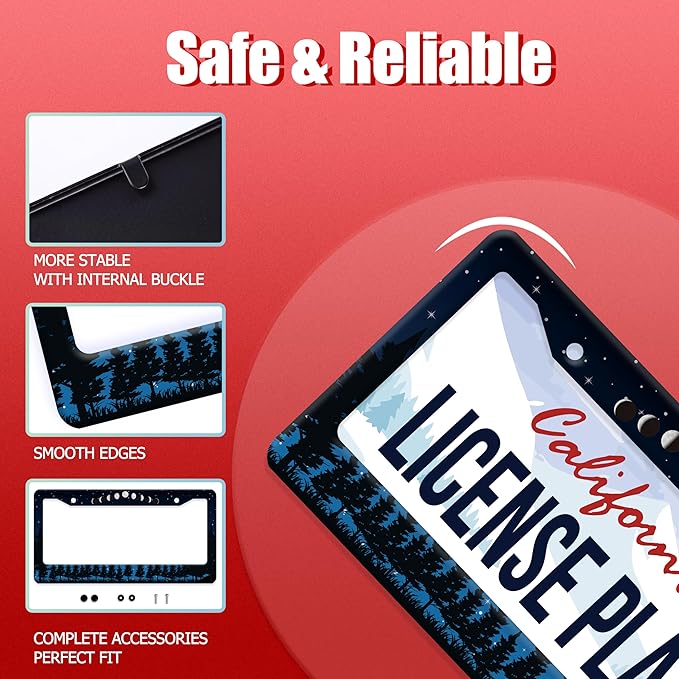 Moon Phase Forest Night License Plate Frame Moon License Plate Frames Stainless Steel Accessories Cars Decor with 2 Holes and Screws Fits Standard US CA Vehicles Size 12.2 x 6 Inches