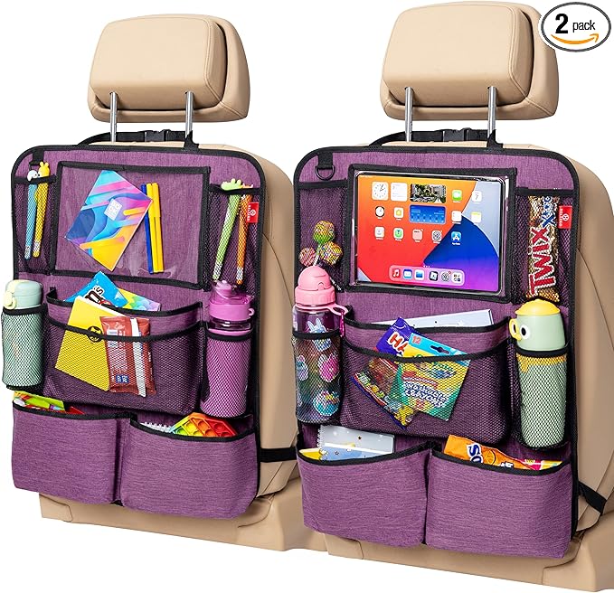 Helteko Backseat Car Organizer, Kick Mats Back Seat Protector with Touch Screen Tablet Holder, Back Seat Organizer for Kids with 9 Storage Pockets, Travel Accessories (2 Pack, Violet)