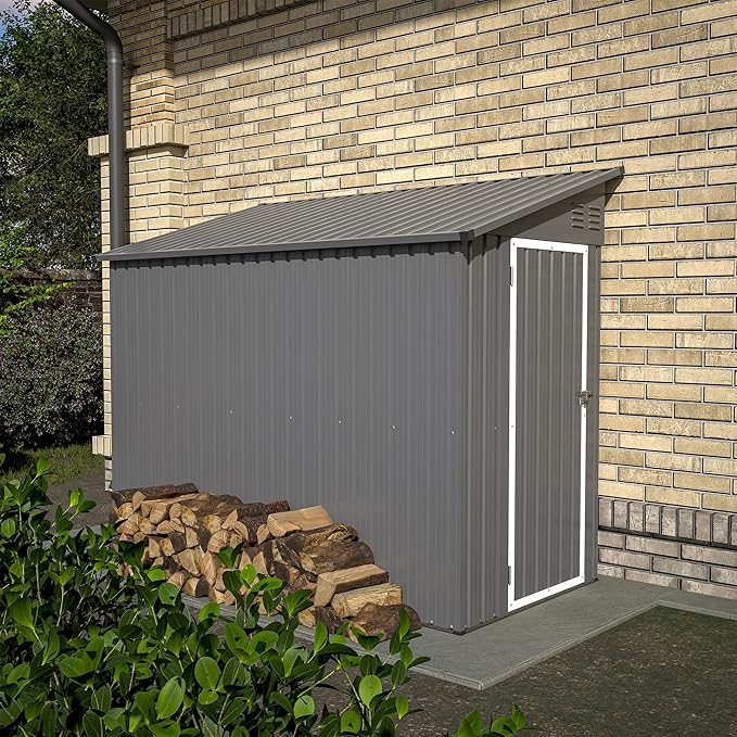 4x8 FT Outdoor Storage Shed,Lean to Metal Shed W/Floor Included,Garden Storage Shed W/Lockable Door,All Weather Waterproof Tool House W/ 2 Air Vents,for Backyard,Patio,Lawn,Garden,Gray