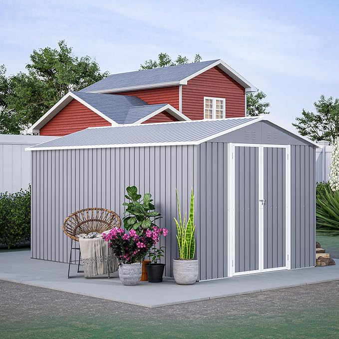 8x12 FT Outdoor Storage Shed,Metal Shed W/Floor,Garden Storage Shed W/ 1 Lockable Hinged Door,All Weather Waterproof Tool House W/ 2 Air Vents & Sloped Roof,for Backyard,Patio,Lawn,Gray