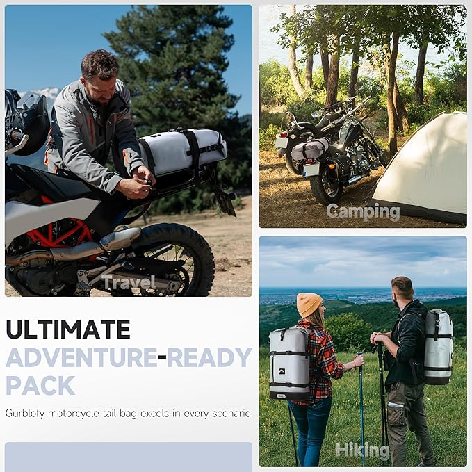 Motorcycle Tail Bag, 30L Waterproof Motorcycle Saddle Bag, 2 Size and 3 Color Options Luggage Bag, PVC Travel Bag, Rear Seat Bag, Stone Grey GT-30GRY