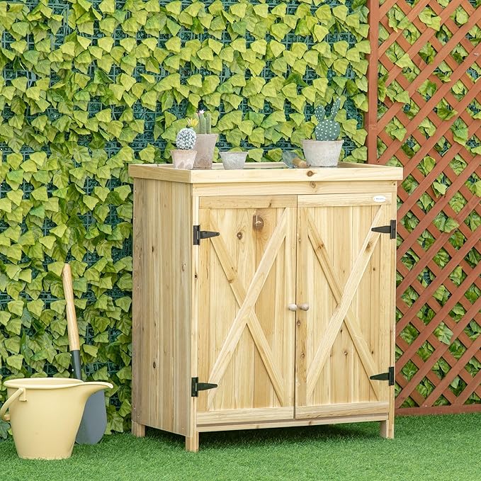 Garden Storage Cabinet, Outdoor Tool Shed with Galvanized Top and Two Shelves for Yard Tools or Pool Accessories, Natural
