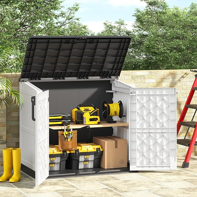 Outdoor Storage Shed 36 Cu. Ft. Resin Garden Horizontal Storage Large Capacity Weather Resistant Storage Box, Lockable Resin Waterproof Shed for Garbage Cans, Garden Tools