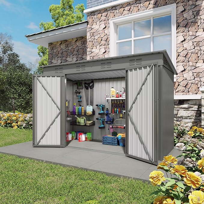 ARMSET Outdoor Storage Shed 4x9 FT for Backyard Organization & Tool Protection - Waterproof Metal Garden Shed, Galvanized Steel Tool House for Patio & Lawn