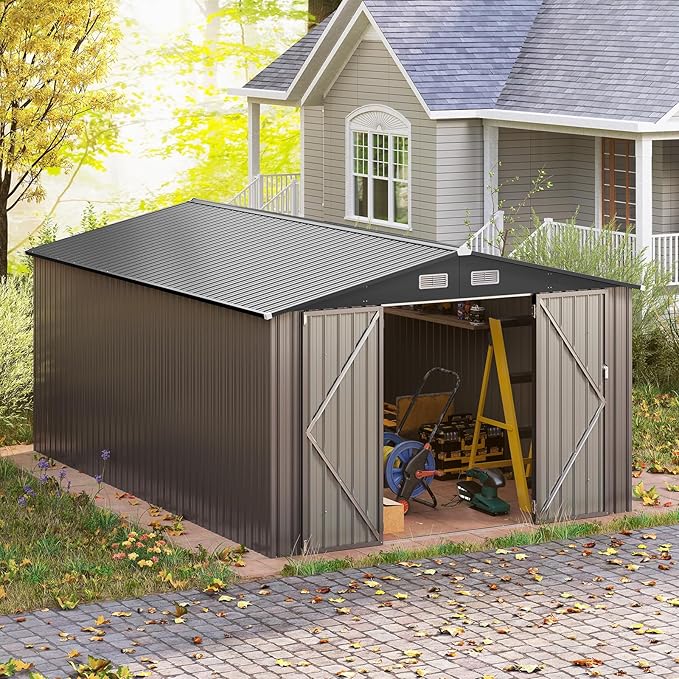 Goplus 10 x 14 FT Outdoor Storage Shed, Large Garden Tool House w/Improved Windproof Metal Structure, 4 Vents, Lockable Door, Waterproof Utility Tool Organizer for Backyard, Lawn, Patio