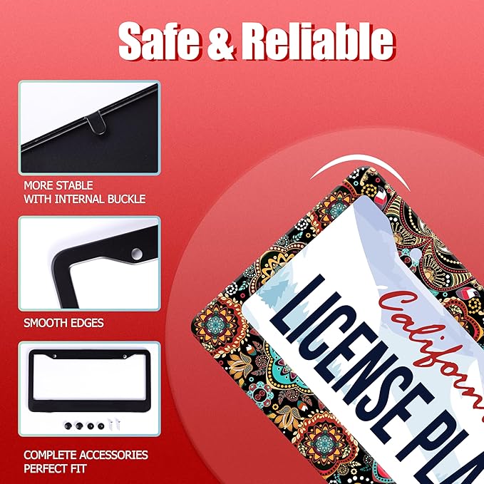 Personalized License Plate Frame Stainless Steel Floral Print Funny Boho Flower Car License Plate Holder Accessory Decorative 2 Holes Screws Fits Us Standard License Plates 12.2 X 6.3 In For Men Women