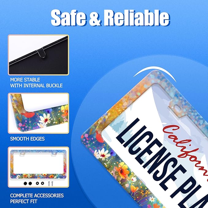 Abstract Floral License Plate Frame Watercolor Flowers License Plate Stainless Steel Funny License Plate Holder for Women Colorful Car Accessories Decoration 12.3" x 6.3"