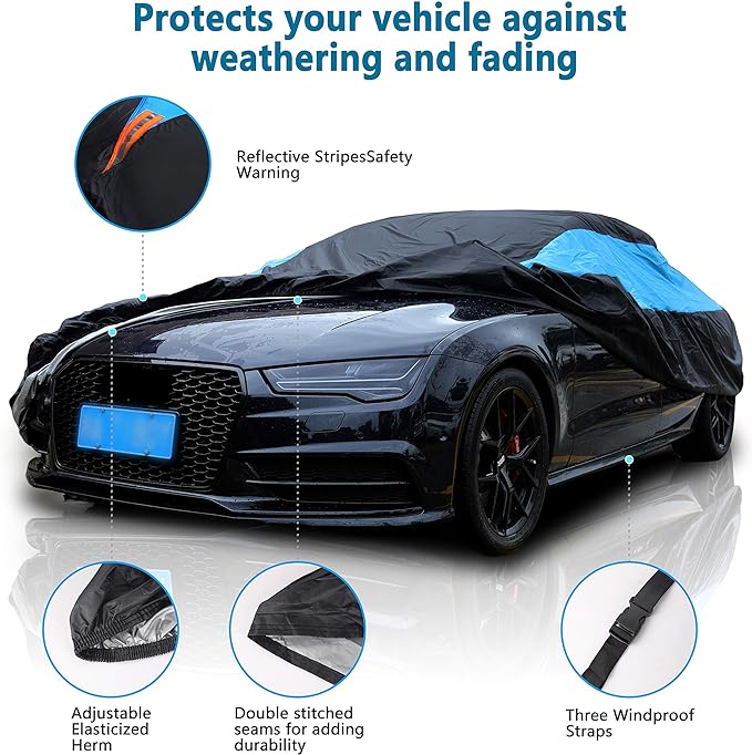 MORNYRAY Waterproof Car Cover All Weather Snowproof UV Protection Windproof Outdoor Full Car Cover, Universal Fit for Coupe/Cabrio (Length 204-217 Inch, Blue)