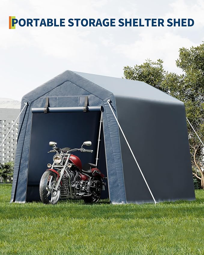 6x6 FT Motorcycle Shed, Durable Outdoor Motorcycle Storage Tent with Roll-Up Ventilated Zipper Door and Windows, Outdoor Garage Canopy for Motorcycle, Bike