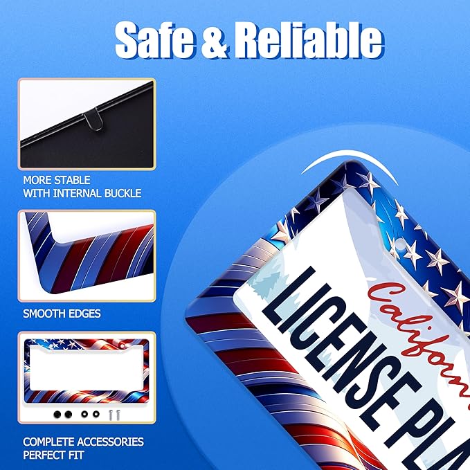 Watercolor American Flag License Plate Frame USA Flag License Plate Stainless Steel Funny License Plate Holder Patriotic America Car Accessory Decoration 12.3" x 6.3"for Men Women