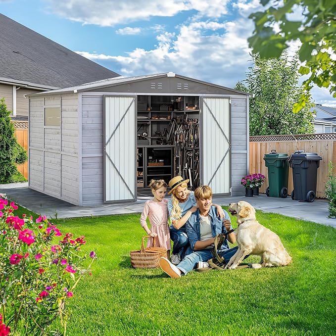 MyVoice 8x10 FT Wooden Outdoor Storage Shed with 4 Vents & 2 Adjustable Windows, DIY Cedar Tool Shed Kit, Garden Bike Firewood Storage, Waterproof Backyard Outdoor Shed for Patio, Lawn, Yard & Garage