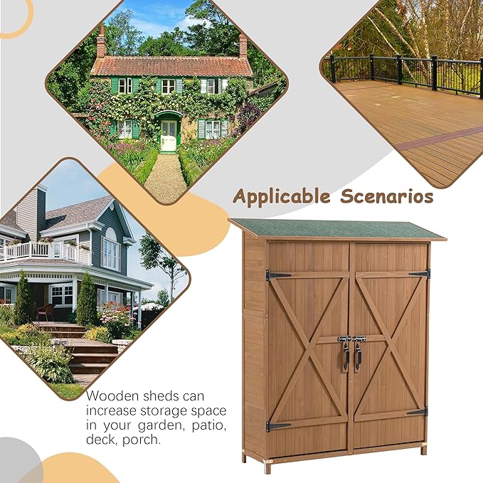 56" L x 19.5" W x 64" H Tall Outdoor Wooden Storage Shed with Lockable Doors, Waterproof Asphalt Roof, Removable Shelves for Garden Tools,Yellow Brown