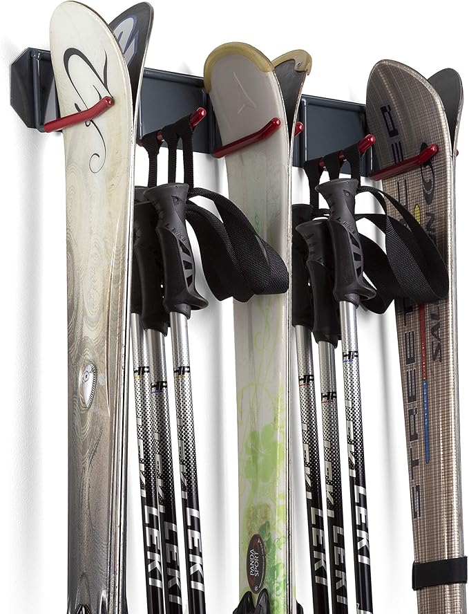 Wall Mounted Horizontal Rack for Storage of Skis and Poles-Heavy Duty Weatherproof Nonslip Garage Wall Organizer for Carrying Snowboard, Hockey Sticks, Skates, Helmets (Large, 2 Ski Sets)
