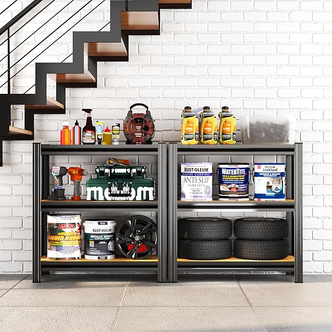 Garage Shelving, 3-Tier Adjustable Storage Shelves, Metal & Wood Pantry Shelf Organizer, Modern Garage Shelving Unit, Utility Storage, 29" W x 30" H x 12" D