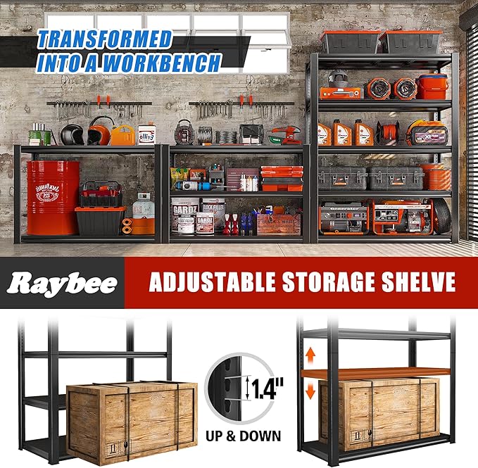 Raybee 5-Tier Industrial Heavy Duty Storage Shelving, 32" W x 16.5" D x 63" H, Black Metal Garage Shelving, 2000LBS Capacity