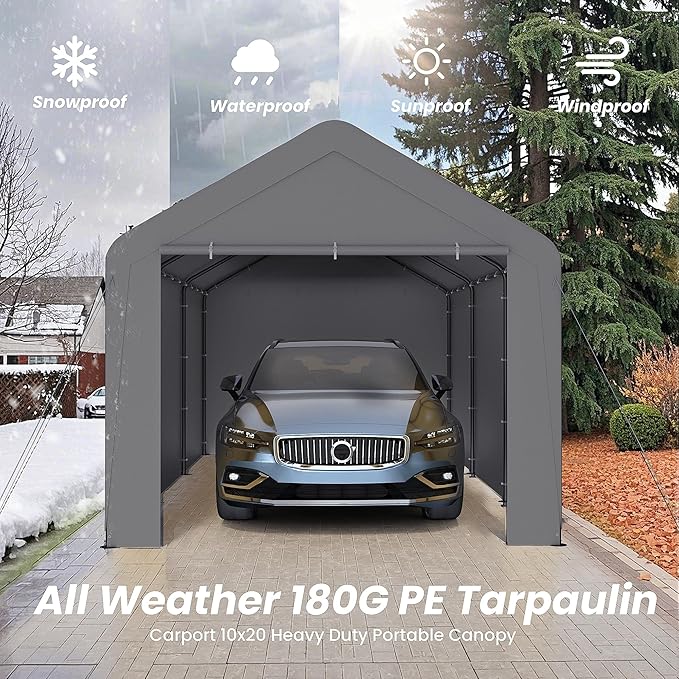 Carport 10x20 Heavy Duty Portable Garage w/Removable Sidewalls & Roll-Up Door Car Canopy Party Tents Waterproof UV Resistant All Weather Car Port for Trucks,Boats(Grey)