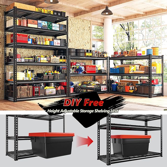 REIBII 3300LBS Garage Shelving 48" W Storage Shelves 6 Tier Garage Shelving Heavy Duty, Adjustable Metal Shelves for Warehouse, Basement, Storage, 48" W x 78" H x 18" D