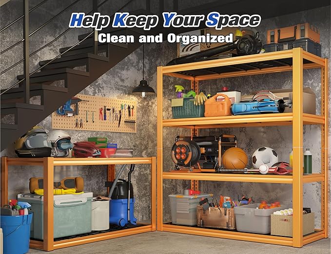 REIBII 40" W Garage Shelving Heavy Duty Metal Shelving 2200LBS Storage Shelves 4 Tier Garage Shelves Adjustable Metal Shelf for Warehouse Basement Pantry Kitchen 40" W x 19.7" D x 59.9" H, Orange