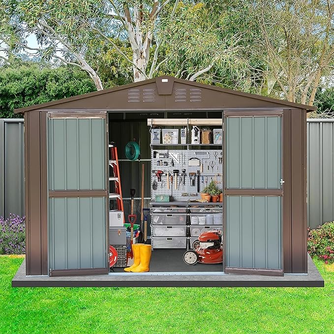 IKERY Metal Storage Shed - 10' x 8' with Double Lockable Doors, Large Garden and Backyard Tool Shed for Bikes, Weather - Resistant, Brown