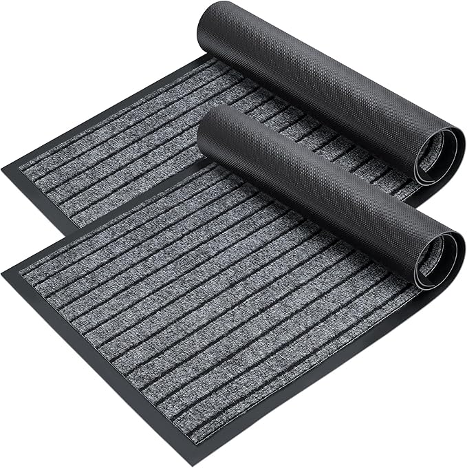 LotFancy 30" x 17" Set of 2 Front Door Mat for Indoor Outdoor Entrance, Dirt Traper Low Profile Easy Clean Doormat, Non Slip Welcome Mats for Patio Porch Garage Entryway, Dark Gray