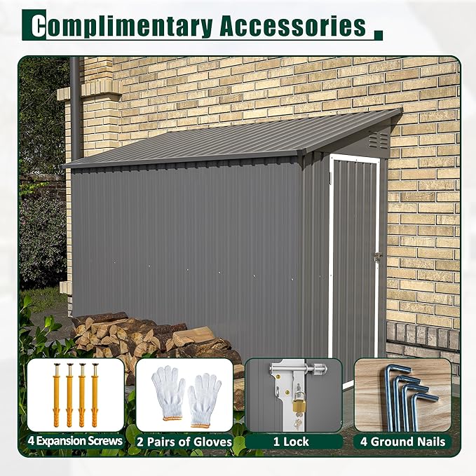 4x8 FT Outdoor Storage Shed,Lean to Metal Shed W/Floor Included,Garden Storage Shed W/Lockable Door,All Weather Waterproof Tool House W/ 2 Air Vents,for Backyard,Patio,Lawn,Garden,Gray