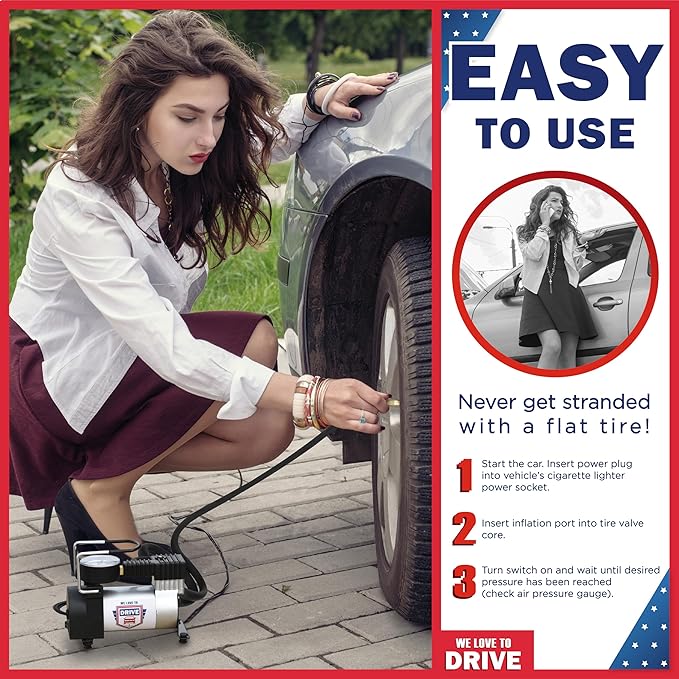 Tire Inflator Portable Air Compressor For Car Tires & Inflatables, 12V DC One Cylinder Air Pump For Emergency Kit with 150 PSI Pressure Gauge, Adaptors, Hose, Car Plug, Clip Connectors & Carry Bag