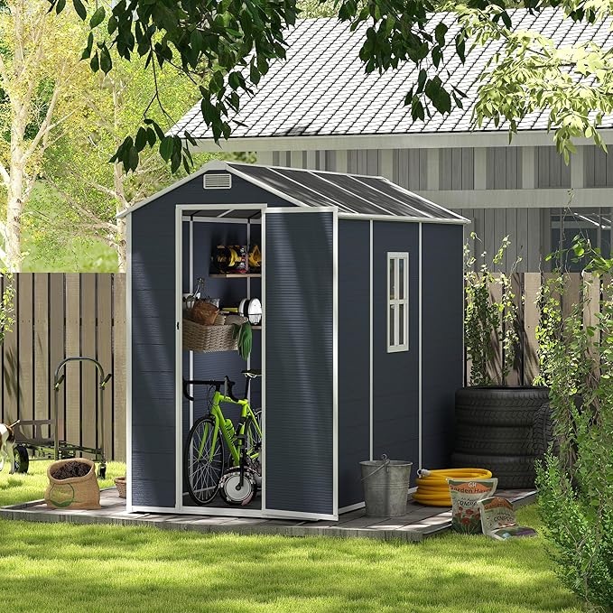 MyVoice 8x4 FT Outdoor Resin Storage Shed with HD Window, Rustproof Waterproof Garden Tool Shed, 12mm Thickened PP Panels, Large Capacity Outdoor Utility House for Backyard Patio (with Floor)