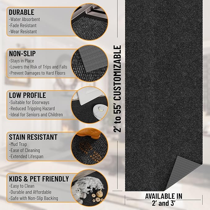 Ottomanson 2'7" x 24' Hallway Runner with Scraper Pile - Extra Durable Non-Slip Rug Mat for Indoor & Outdoor Use - Ideal for Kitchen, Entryway & Garage - High-Traffic Carpet, Black