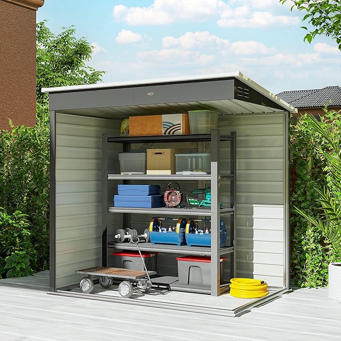 Outsunny 6' x 4' Outdoor Storage Shed, Easy to Assemble, Metal Garden Tool Shed with Lockable Door and Gloves for Backyard Garden Patio Lawn, Light Gray