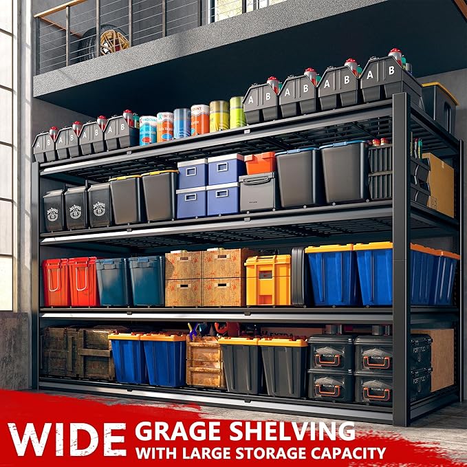 REIBII 60" W Garage Shelving Heavy Duty 2500LBS Storage Shelves 4-Tier Garage Shelves, Adjustable Metal Shelving for Warehouse, Pantry, Kitchen, Commercial, 60" W*60" H*24" D, 2 Pack