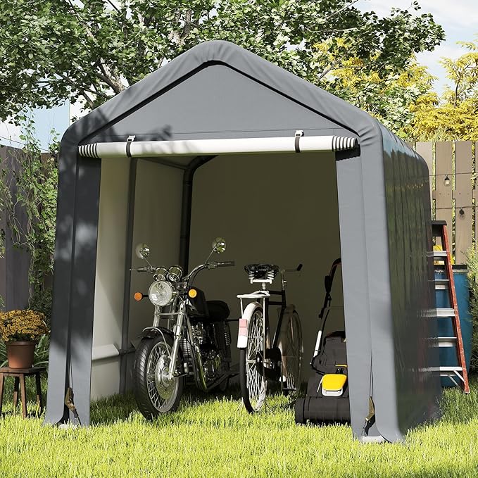 Tangkula 8x6.5Ft Portable Shed, Outdoor Storage Shelter with Waterproof Cover & Roll-up Zipper Door, Ratchet Strap, Heavy Duty Portable Storage Tents for Outside, Bikes, Garden Tools, Motorcycles