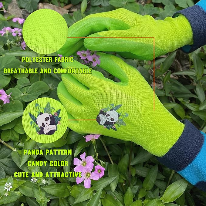 HANDLANDY 2 Pairs Kids Gardening Gloves, Toddler Children Garden Yard Work Outdoor Playing Gloves, Rubber Coating, for Girls Boys Youth (Size XL, Green)