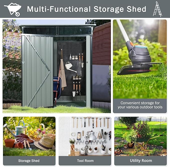 Metal 5x3 FT Garden Storage Shed, Outdoor Small Shed with Sloped Water-Resistant Roof and Lockable Door for Backyard, Patio,Garage and Bike Storage Black