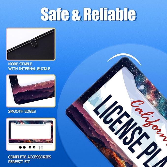 Mountain License Plate Frame Colorful Starry Sky Galaxy License Plate Stainless Steel Funny License Plate Holder Men Women Mountains Car Accessory Decoration 12.3" x 6.3"