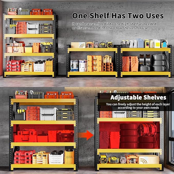 4000LBS Garage Shelving 48" W Garage Shelving Heavy Duty 4-Tier Metal Storage Shelves Adjustable Shelf Unit Storage Rack for Basement Supermarket Warehouse 48" W x 20" D x 78" H Yellow
