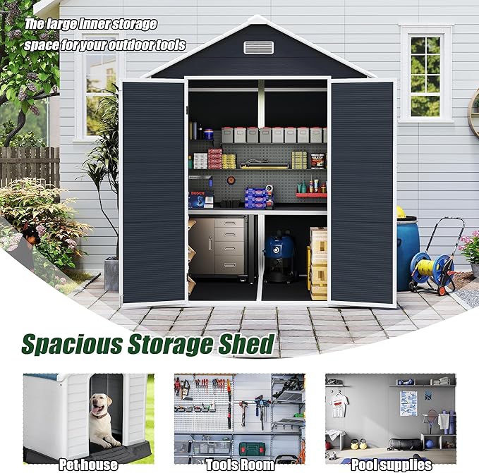 MyVoice 6x6 FT Outdoor Resin Storage Shed with HD Window, Rustproof Waterproof Garden Tool Shed, 12mm Thickened PP Panels, Large Capacity Outdoor Utility House for Backyard Patio (with Floor)
