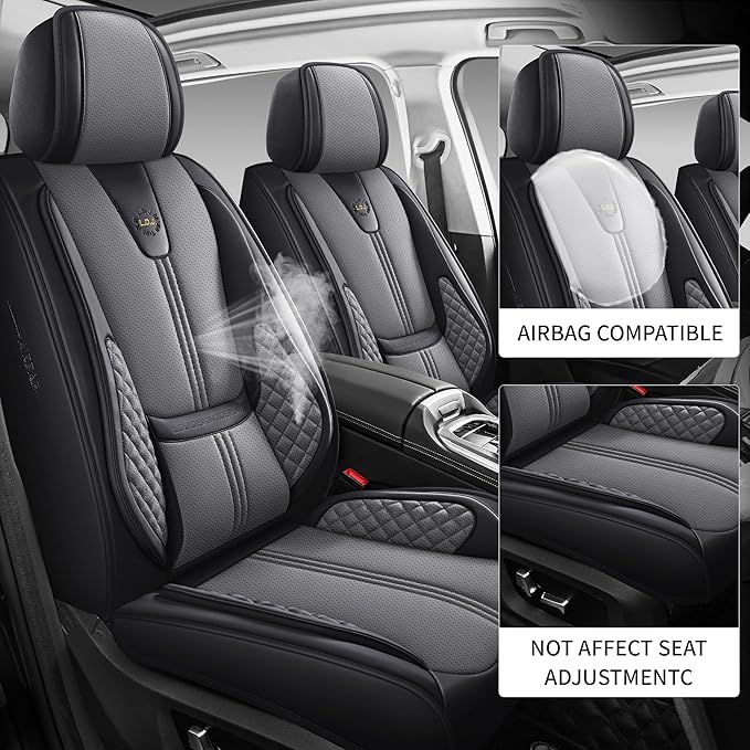 Car Seat Covers Full Set, Black Seat Cover for Cars Compatible Airbag, Easy Install Luxury Leather Automotive Seat Covers with Lumbar Support, for Car, Truck, SUV, Grey